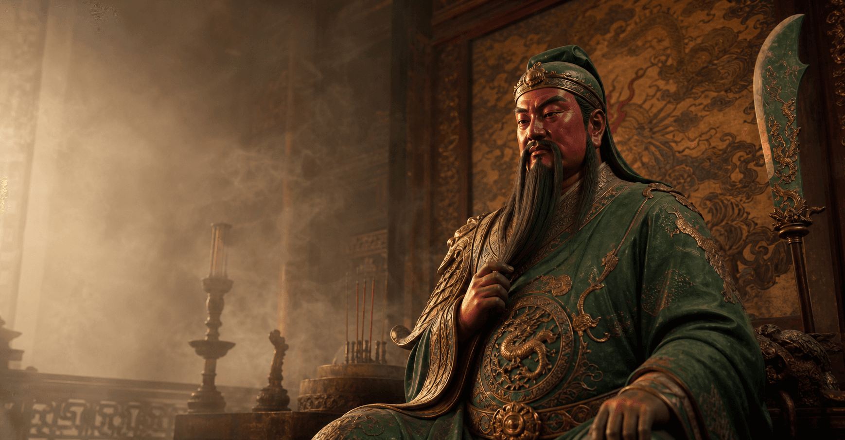 Guan Di Oracle artwork with temple incense and red-gold hall light