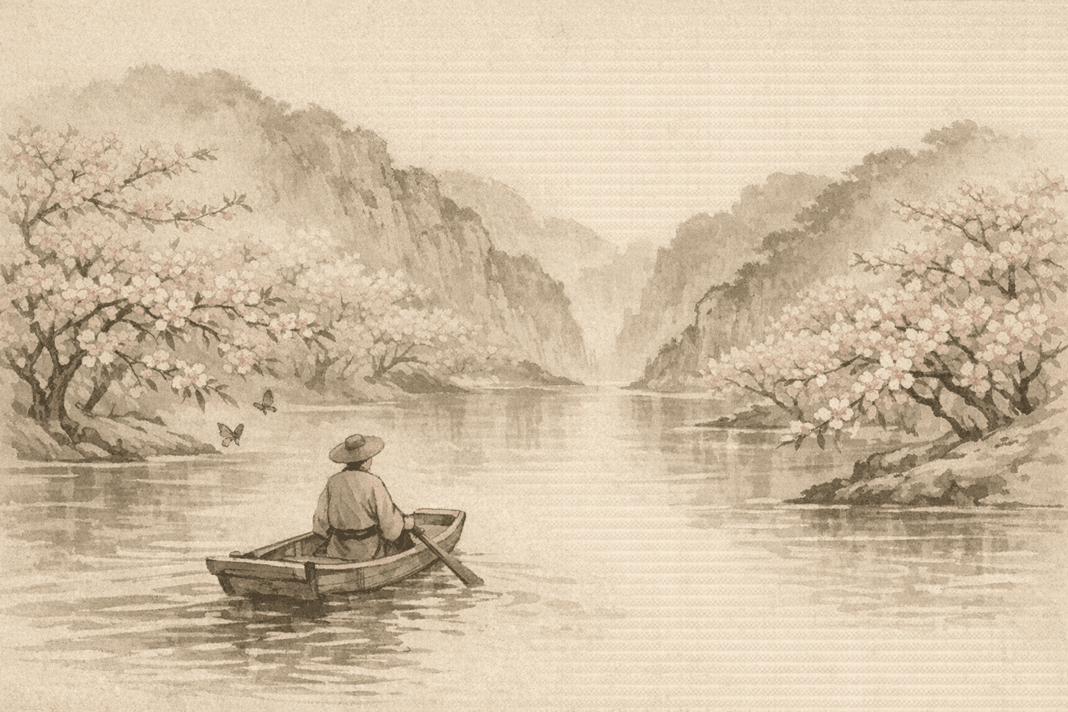 Historical allusion artwork for Wong Tai Sin Sign 2, Wang Daozhen Mistakenly Enters the Peach Blossom Spring