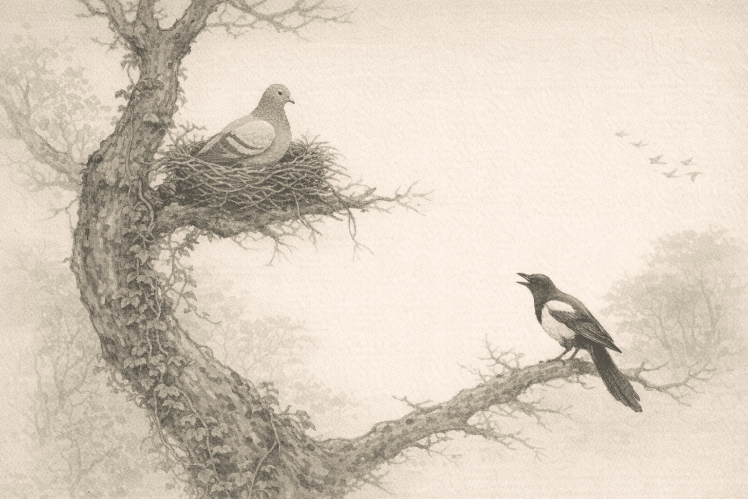 Historical allusion artwork for Wong Tai Sin Sign 8, The Cuckoo Seizes the Magpie's Nest