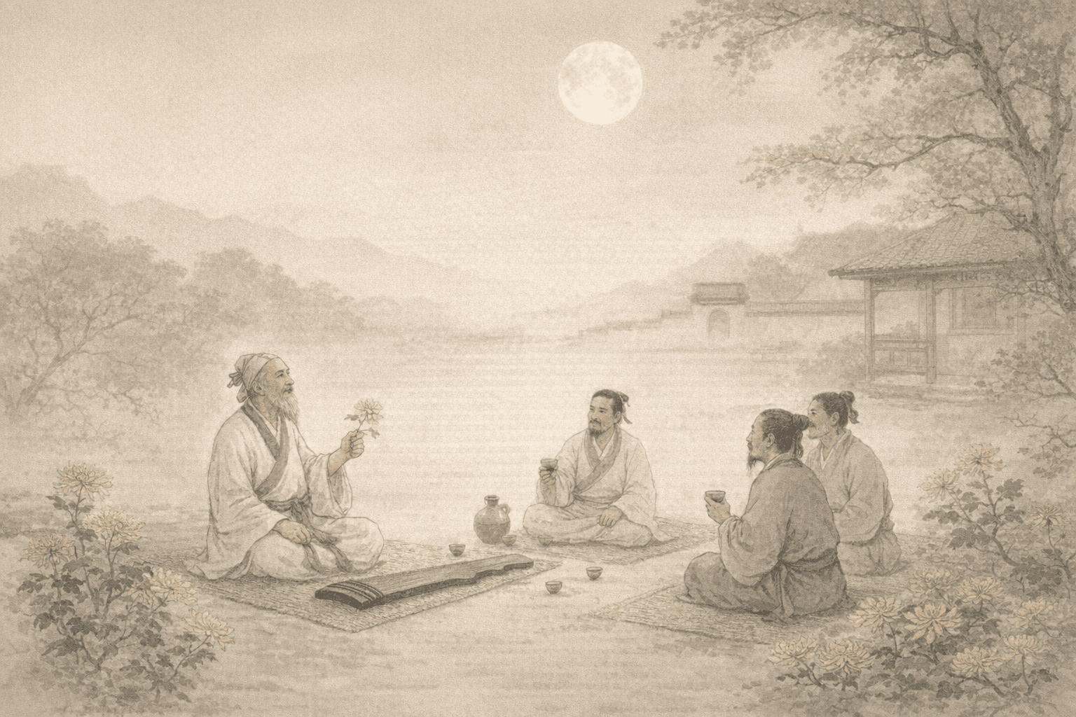 Historical allusion artwork for Wong Tai Sin Sign 9, Tao Yuanming Admiring Chrysanthemums