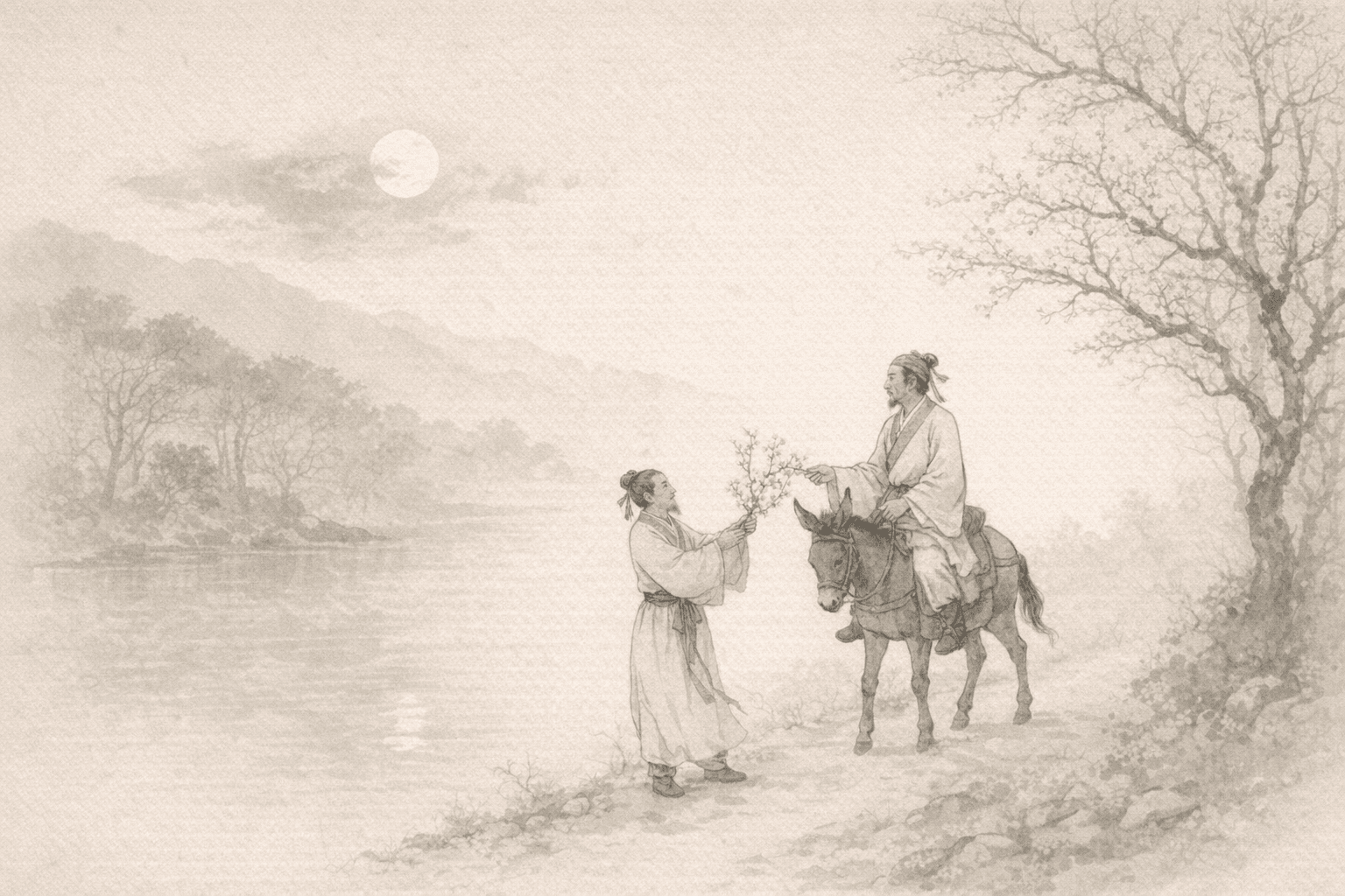 Historical allusion artwork for Wong Tai Sin Sign 13, Meng Haoran Searching for Plum Blossoms