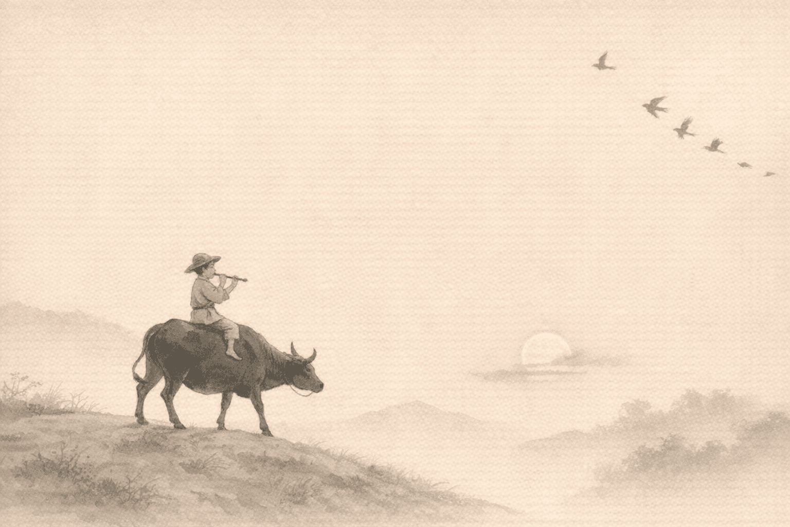 Historical allusion artwork for Wong Tai Sin Sign 16, The Shepherd Boy Riding the Calf Home
