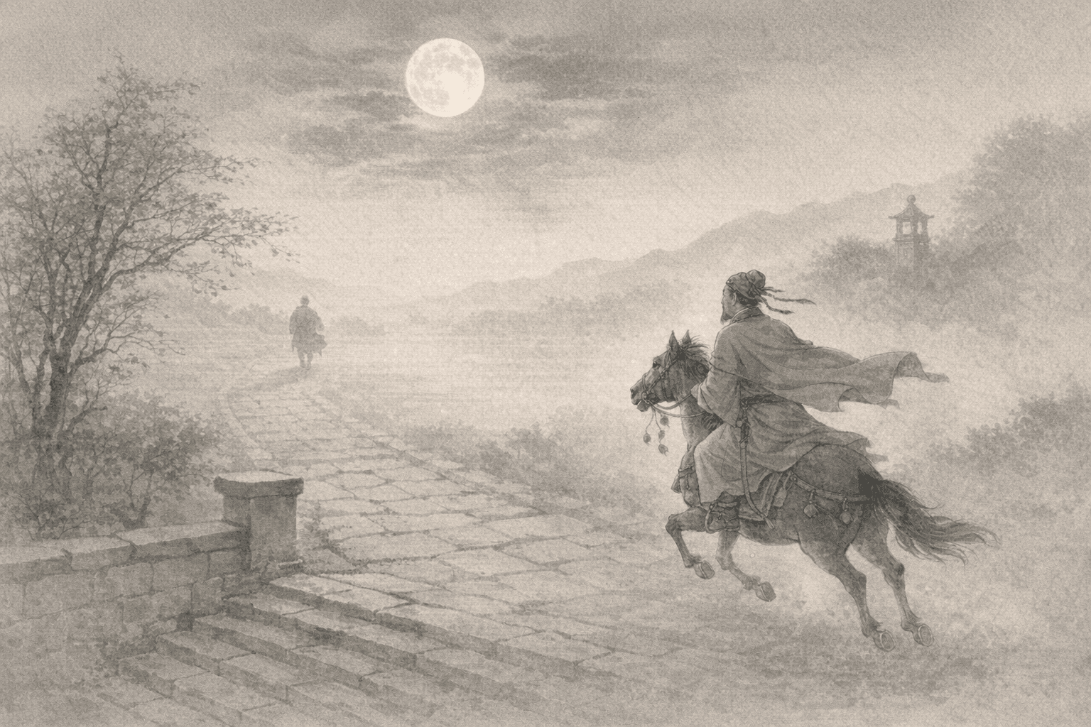 Historical allusion artwork for Wong Tai Sin Sign 17, Chasing the Worthy Under the Moon