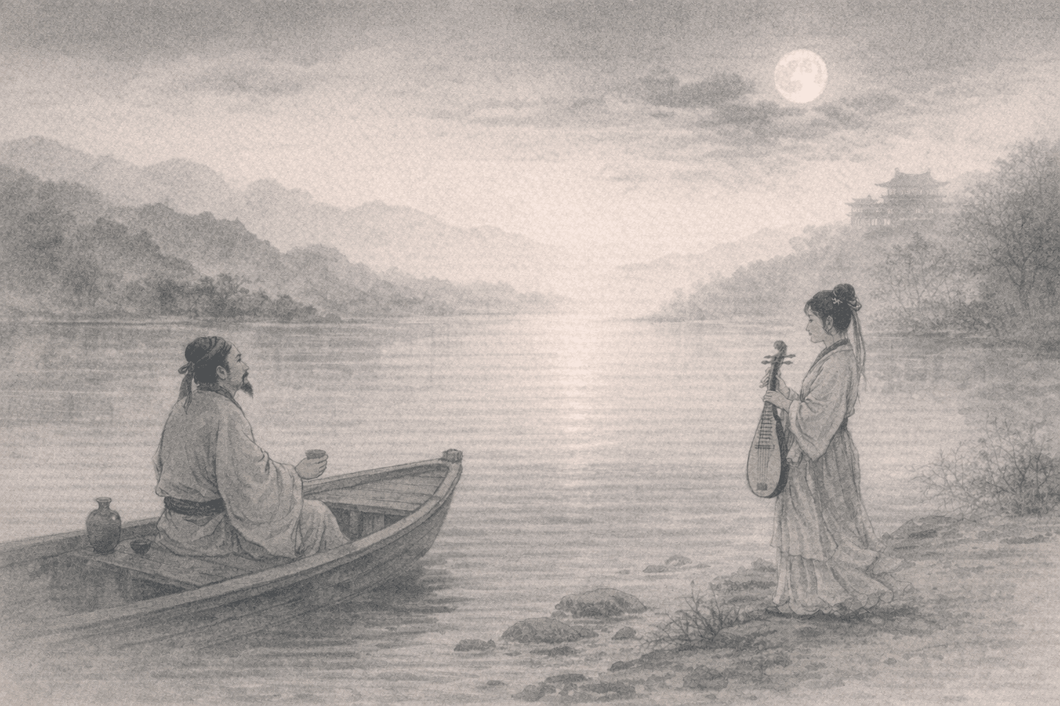 Historical allusion artwork for Wong Tai Sin Sign 28, Listening to the Pipa on the Xunyang River