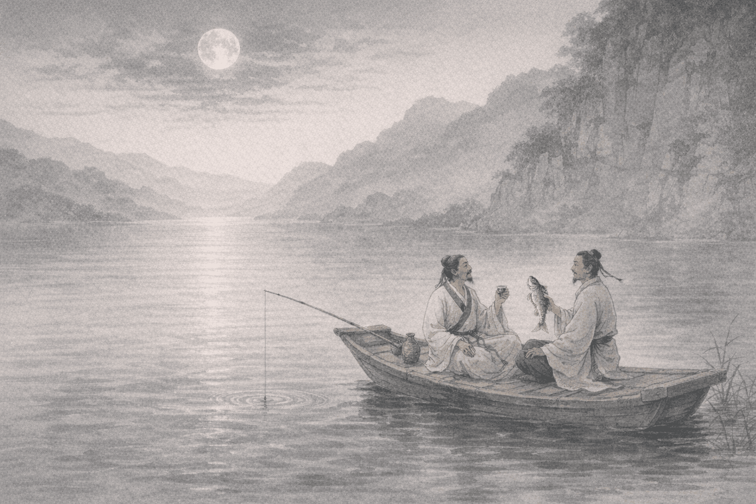 Historical allusion artwork for Wong Tai Sin Sign 37, Dongpo Tours the Red Cliff