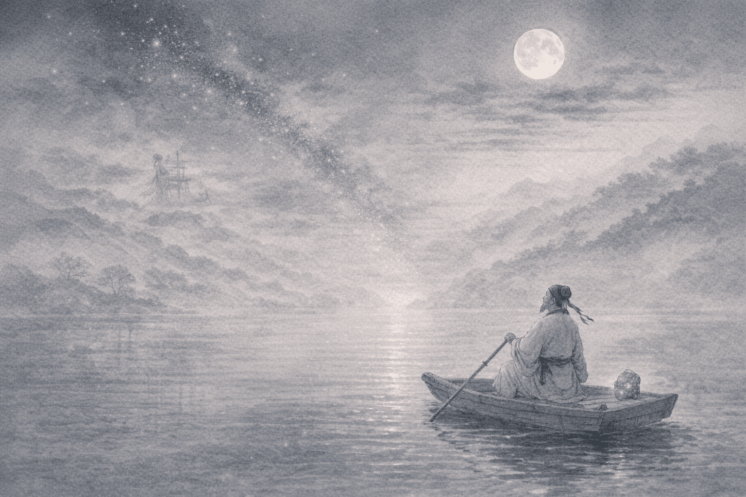Historical allusion artwork for Wong Tai Sin Sign 41, Zhang Qian Rafting on a Moonlit Night