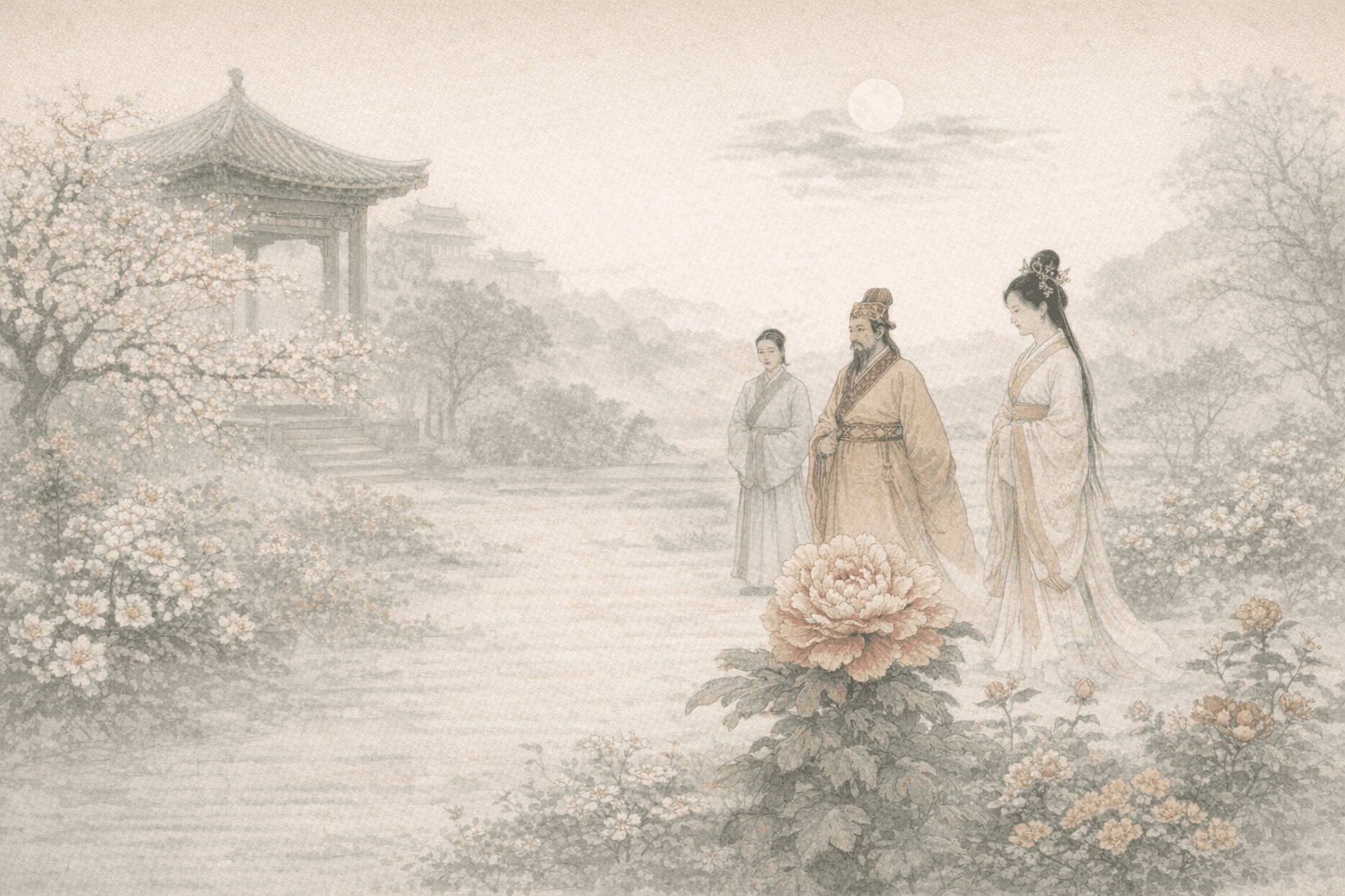 Historical allusion artwork for Wong Tai Sin Sign 44, Tang Tianbao's Flower Appraisal