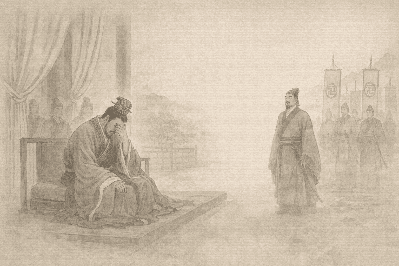 Historical allusion artwork for Wong Tai Sin Sign 47, The Wu Lord Demands Jingzhou