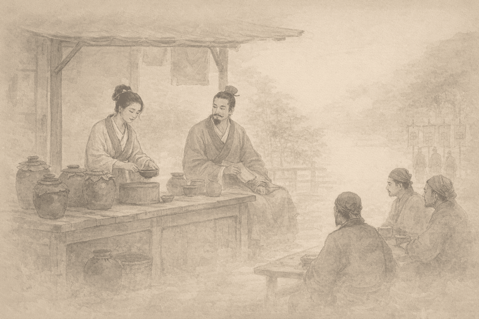 Historical allusion artwork for Wong Tai Sin Sign 48, Zhuo Wenjun Selling Wine