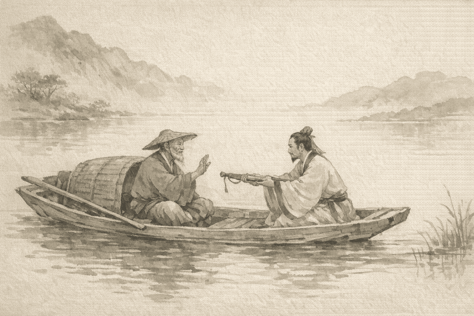 Historical allusion artwork for Wong Tai Sin Sign 50, Wu Yuan Presents a Sword to the Fisherman