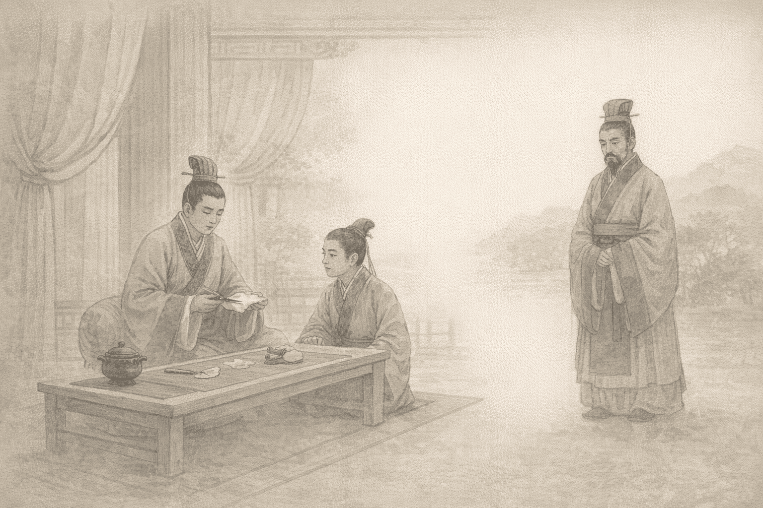 Historical allusion artwork for Wong Tai Sin Sign 51, King Cheng Cutting the Paulownia to Enfeoff His Brother