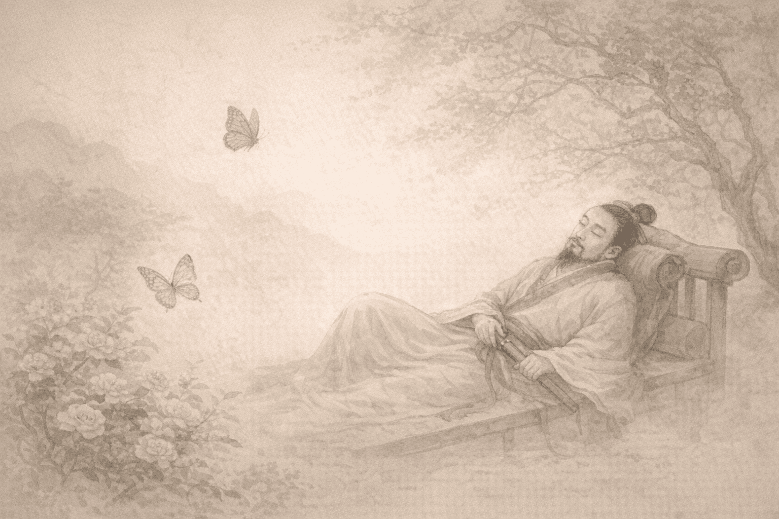 Historical allusion artwork for Wong Tai Sin Sign 54, Zhuang Zhou Dreams of a Butterfly
