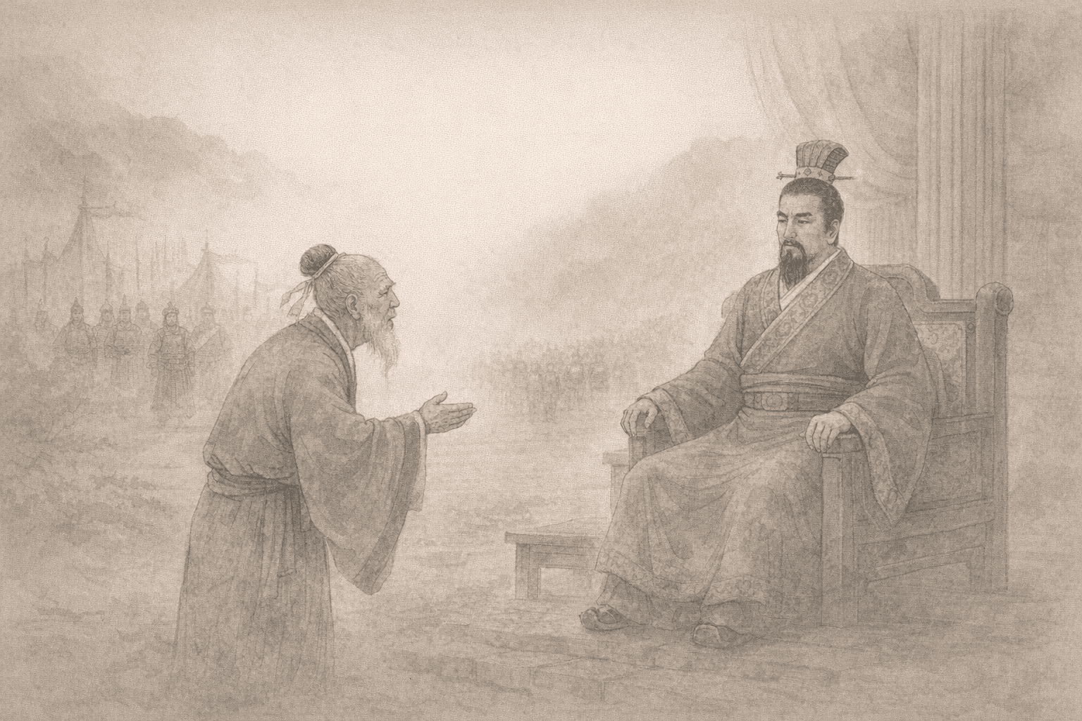 Historical allusion artwork for Wong Tai Sin Sign 58, Jian Shu Remonstrates with the Monarch