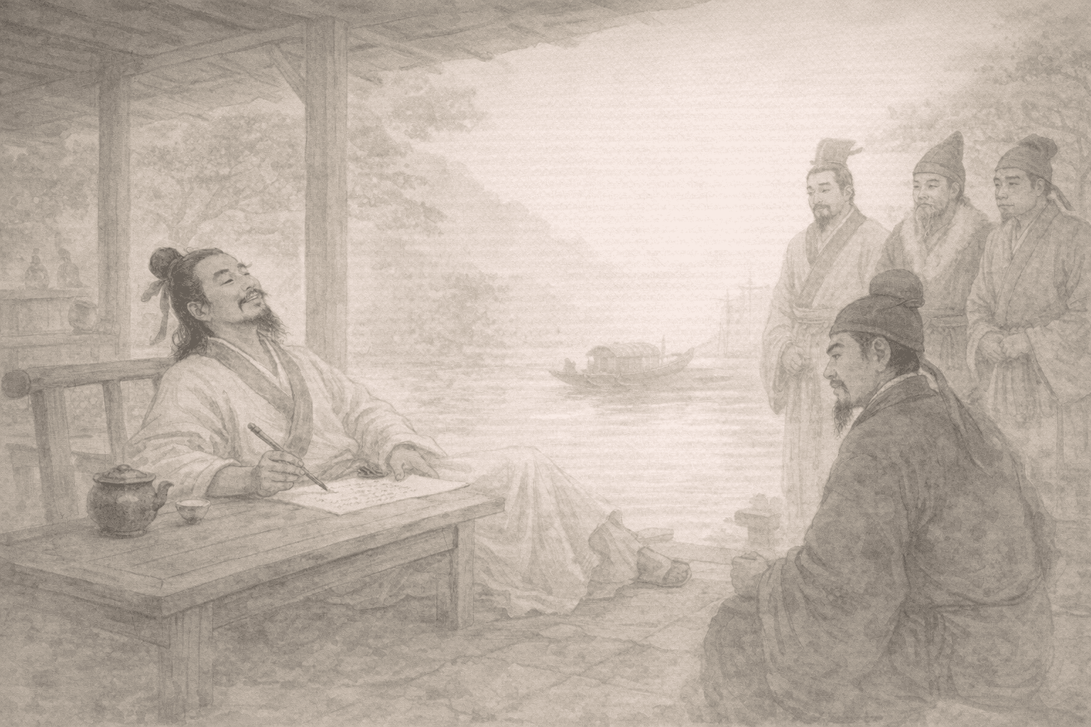 Historical allusion artwork for Wong Tai Sin Sign 60, Li Bai Drunk and the Foreign Document