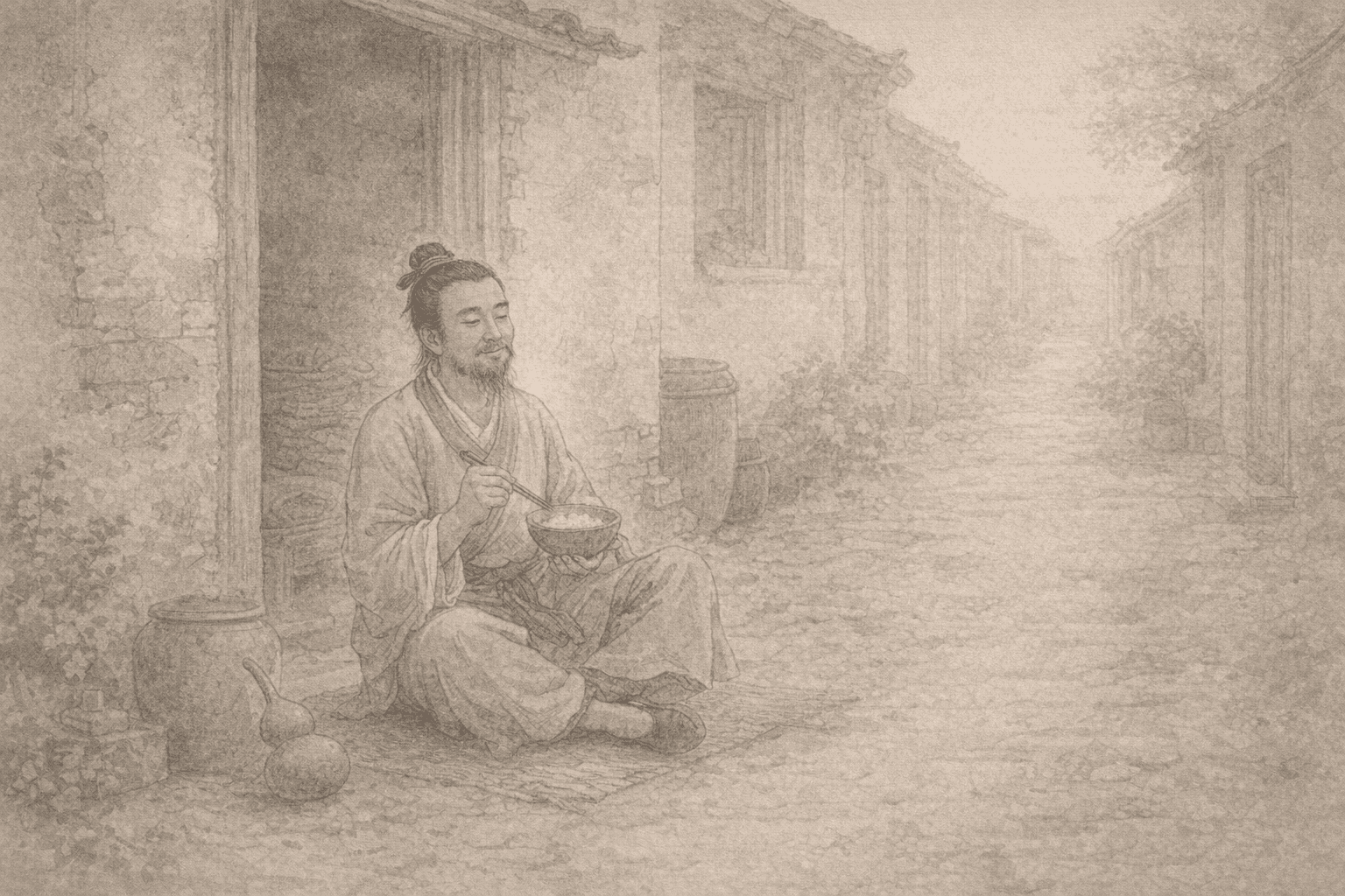 Historical allusion artwork for Wong Tai Sin Sign 63, Yan Hui Finds Joy in the Way and is Content in Poverty