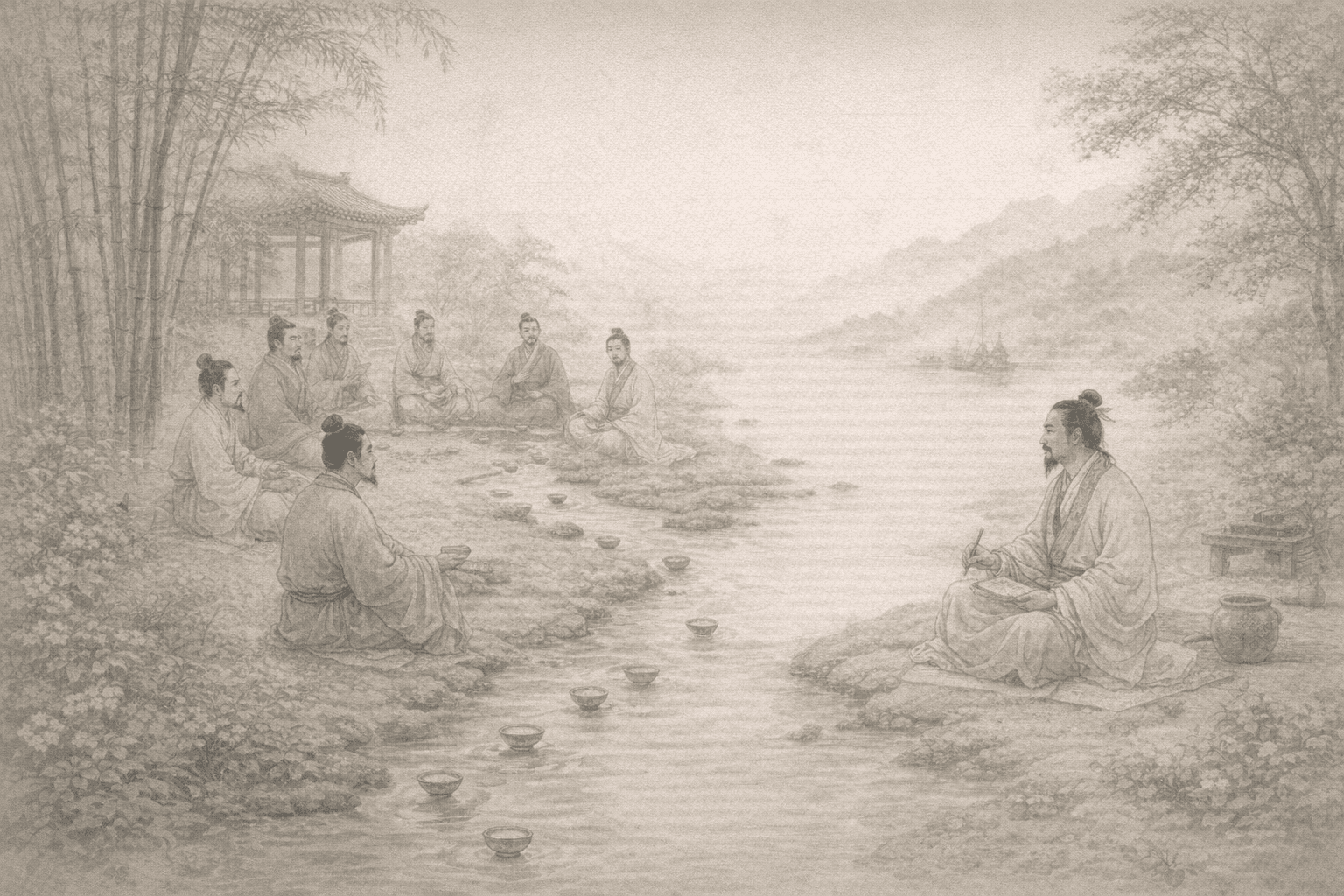 Historical allusion artwork for Wong Tai Sin Sign 66, Xi Zhi Meets the Virtuous Assembly