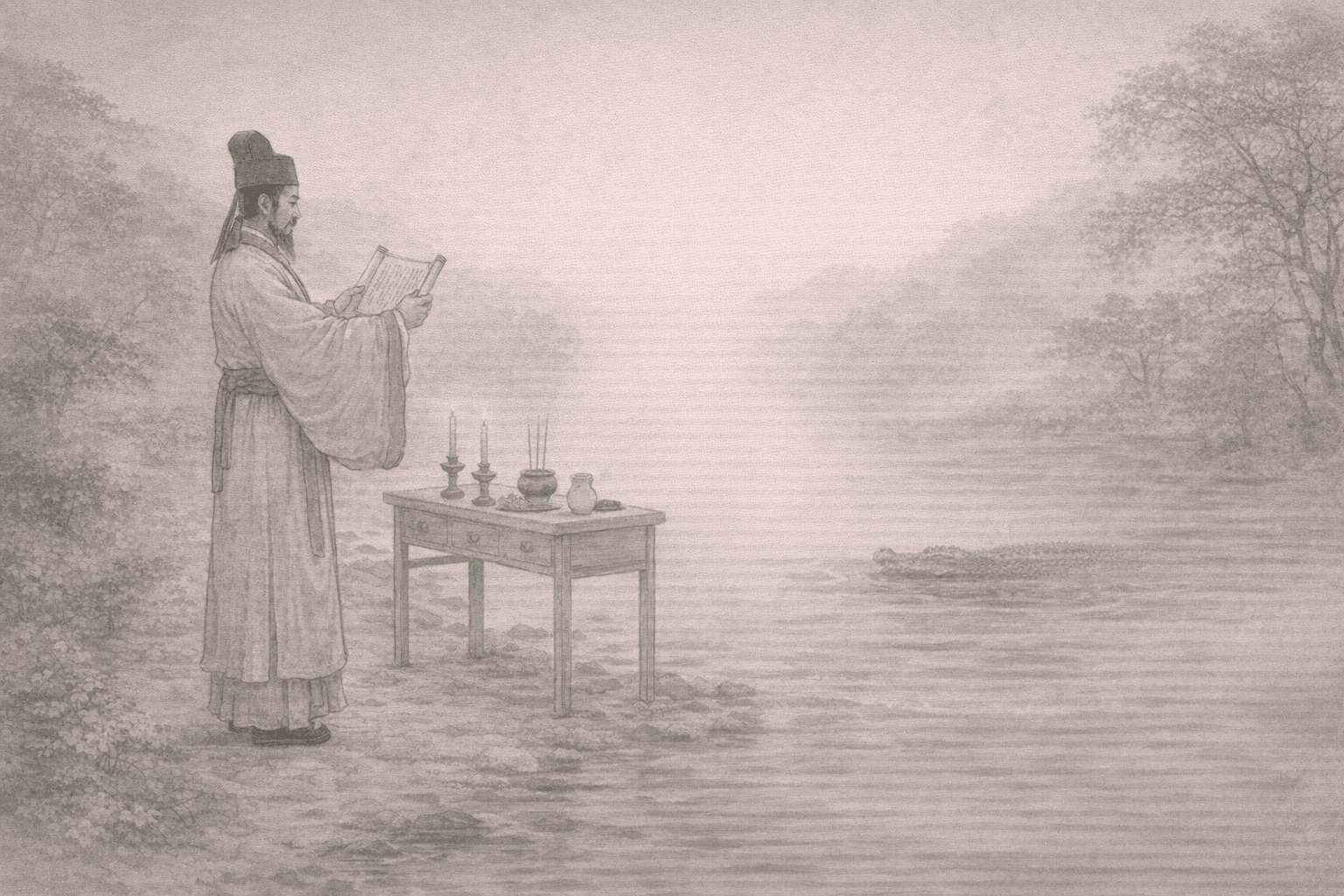 Historical allusion artwork for Wong Tai Sin Sign 69, Han Yu Sacrifices to the Crocodiles