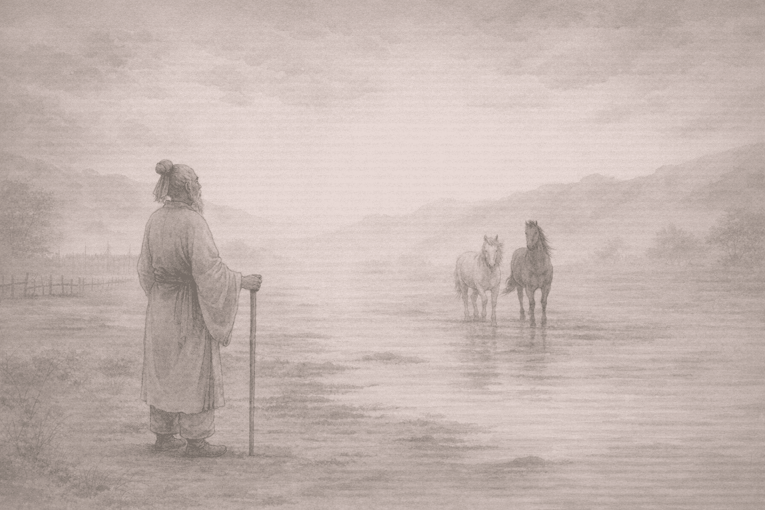 Historical allusion artwork for Wong Tai Sin Sign 70, The Old Man at the Frontier Lost His Horse