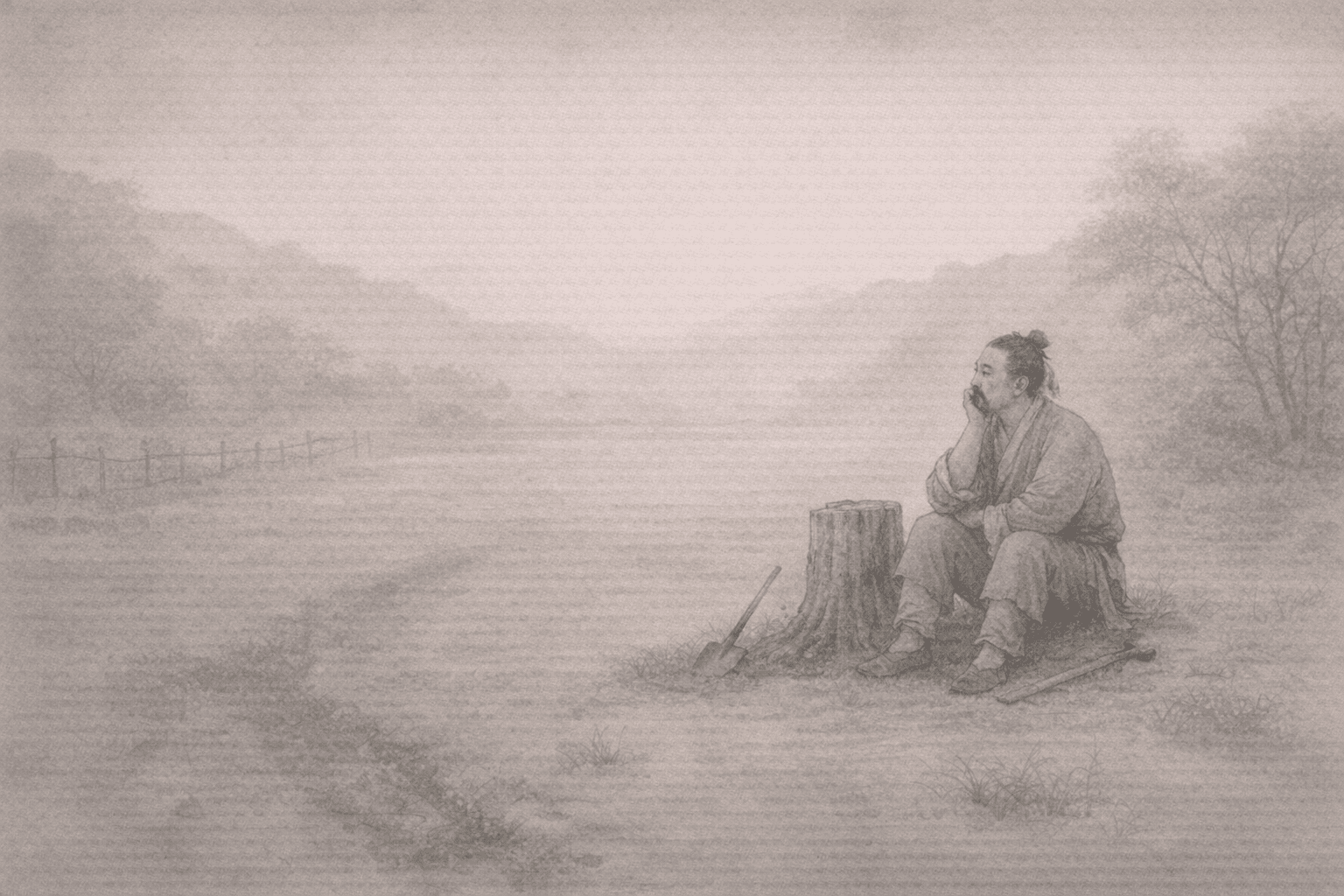 Historical allusion artwork for Wong Tai Sin Sign 72, The Song Dynasty Man Waits by the Stump for a Hare