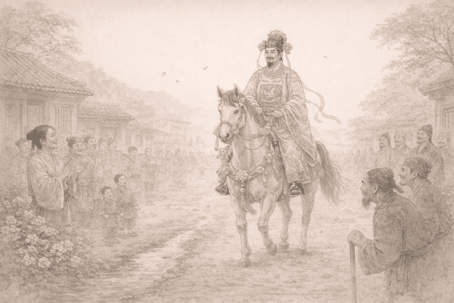 Historical allusion artwork for Wong Tai Sin Sign 73, The Top Scholar Returns in Glory