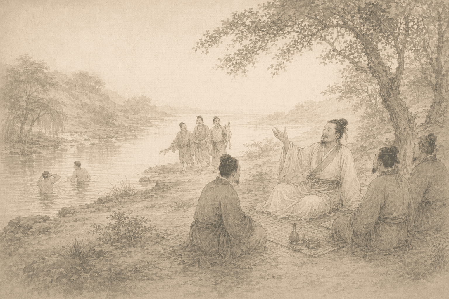 Historical allusion artwork for Wong Tai Sin Sign 78, Zeng Dian Discusses Aspirations