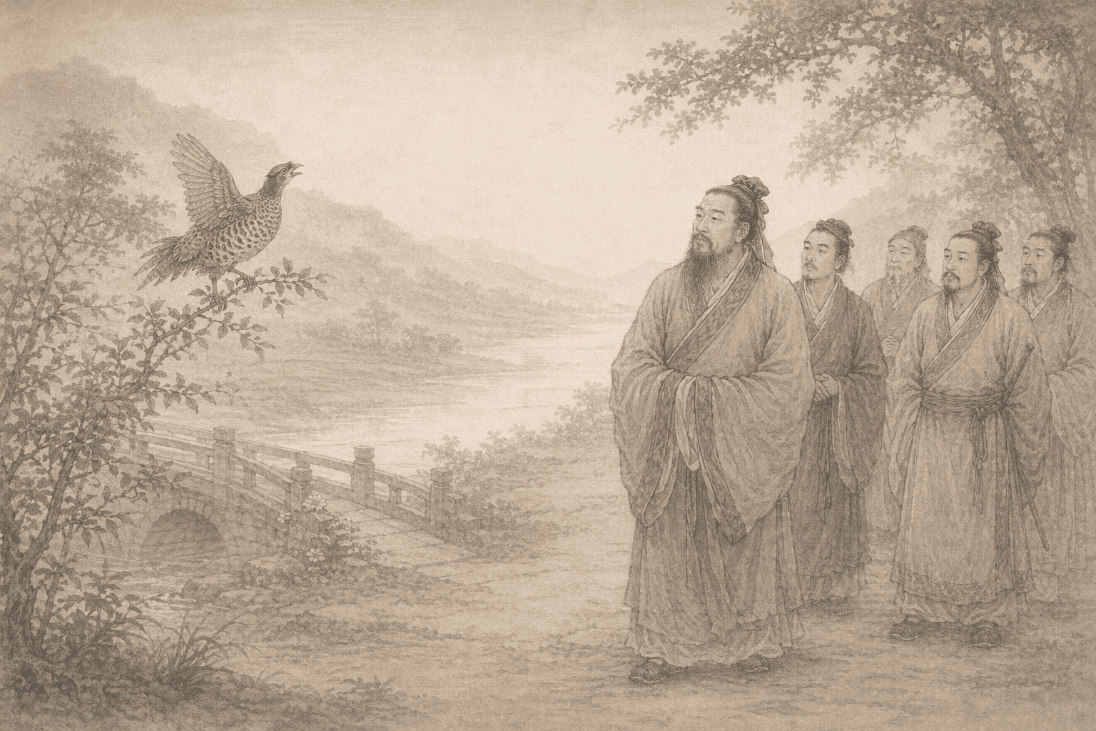 Historical allusion artwork for Wong Tai Sin Sign 81, The Female Pheasant Pays Homage to the Sage