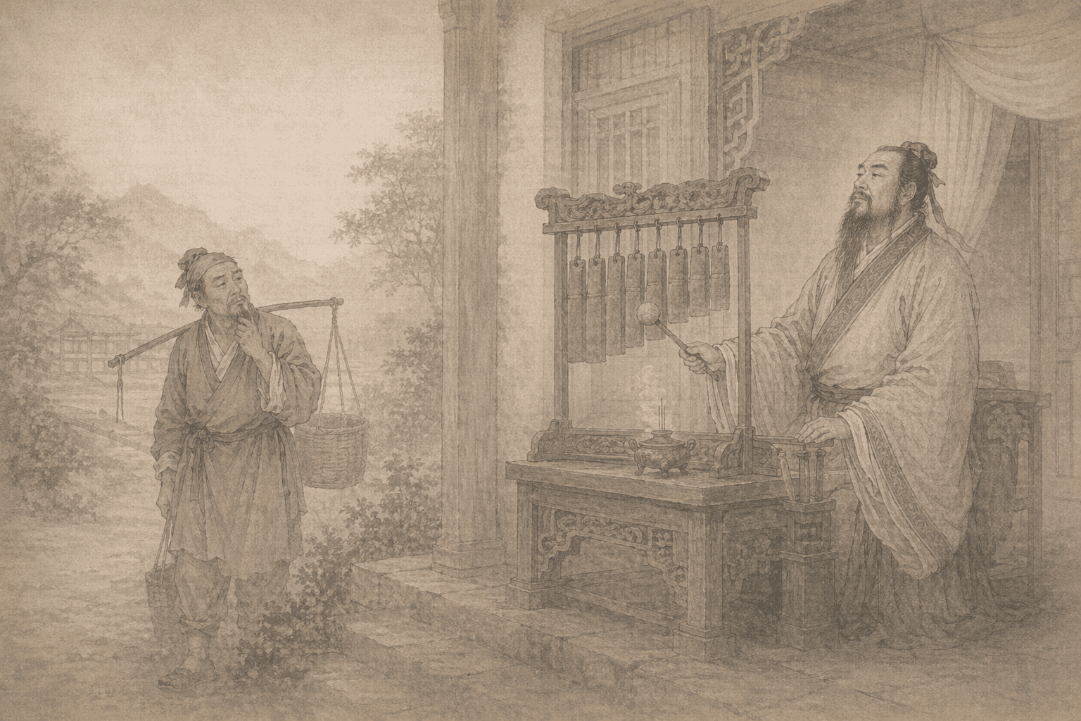 Historical allusion artwork for Wong Tai Sin Sign 82, Confucius Strikes the Chime Stone