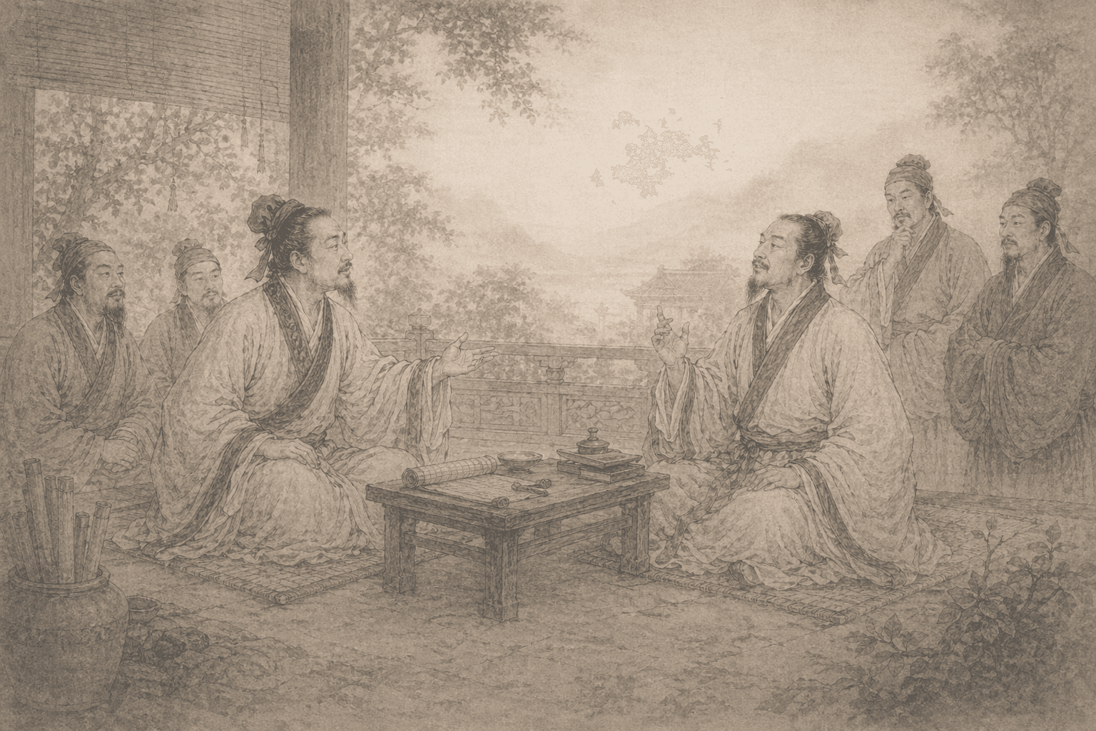 Historical allusion artwork for Wong Tai Sin Sign 87, Xun and Lu's Conversation