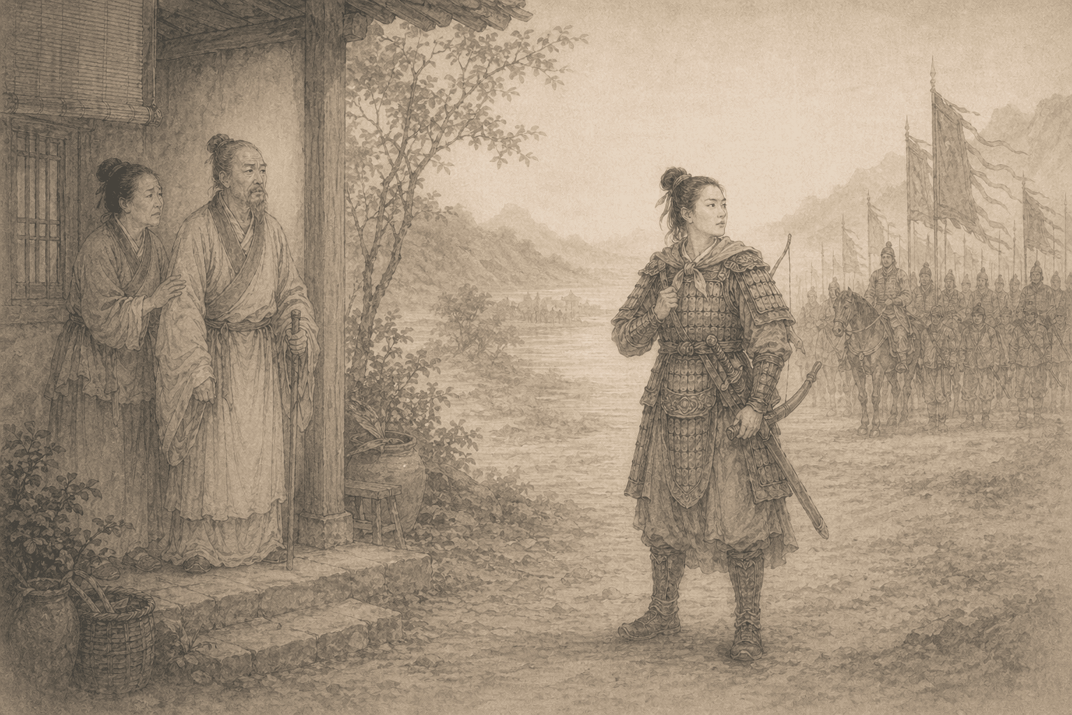 Historical allusion artwork for Wong Tai Sin Sign 88, Hua Mulan Joins the Army