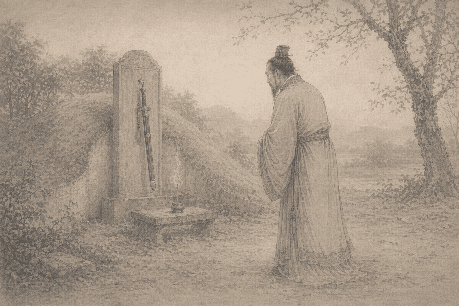 Historical allusion artwork for Wong Tai Sin Sign 89, Wu Jizi Hanging the Sword