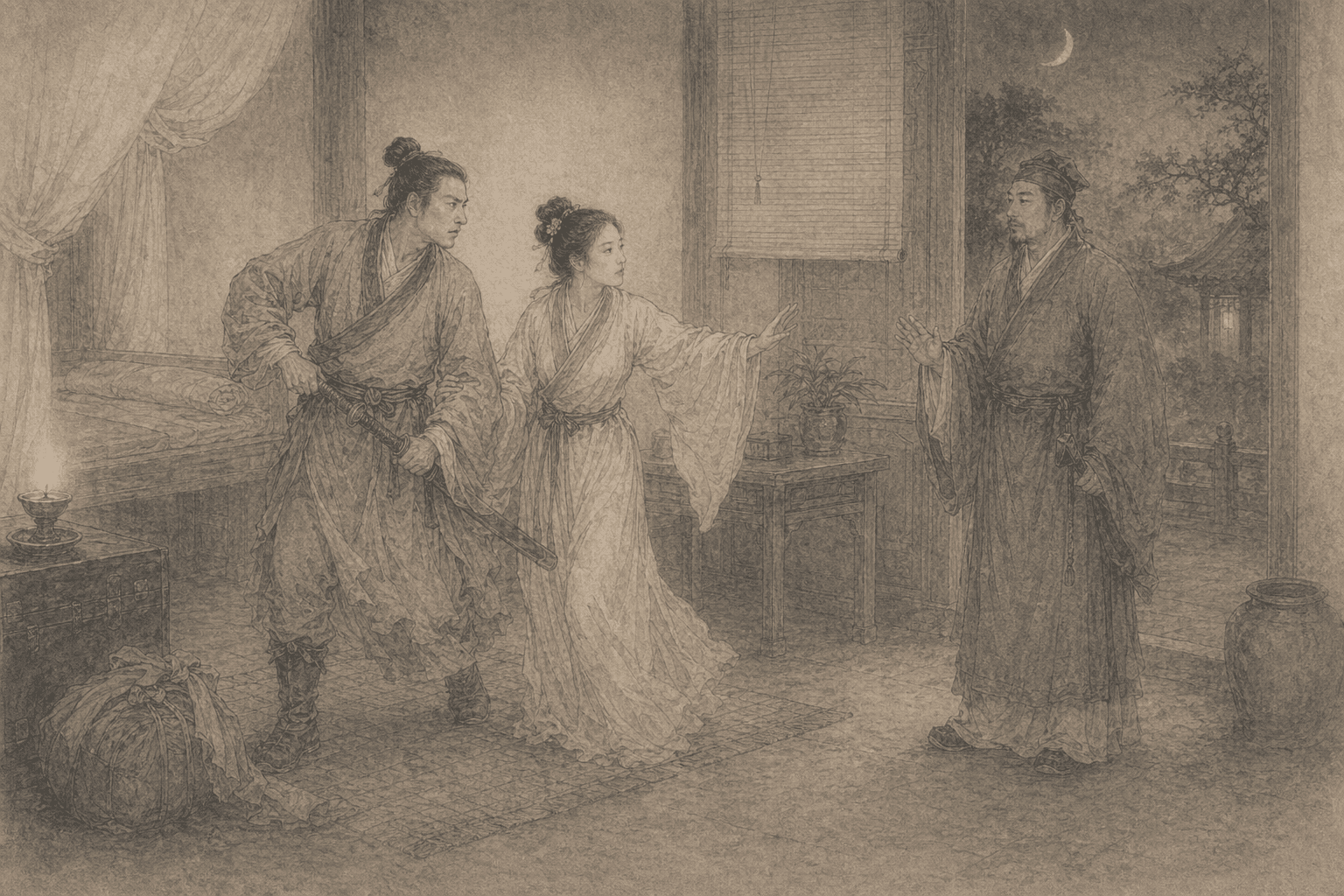 Historical allusion artwork for Wong Tai Sin Sign 90, Lady Red Sleeve Elopes