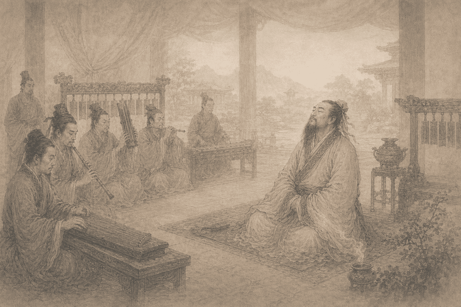 Historical allusion artwork for Wong Tai Sin Sign 92, Hearing Shao Music in Qi