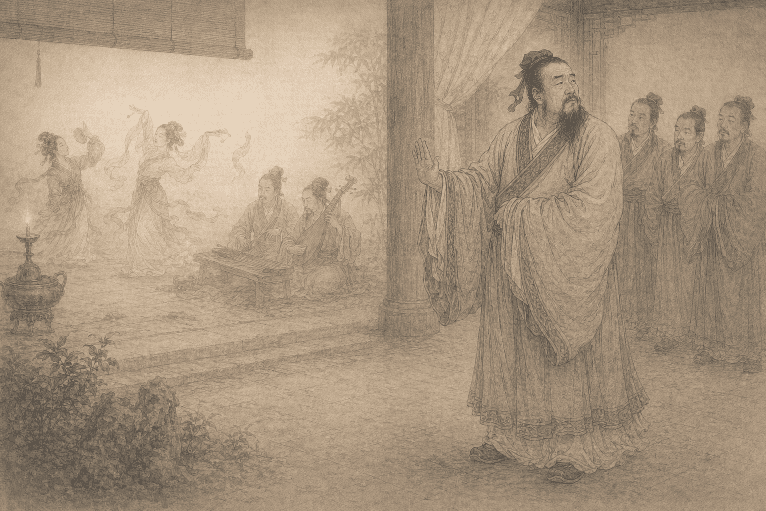 Historical allusion artwork for Wong Tai Sin Sign 93, Confucius Hears the Music of Zheng and Wei
