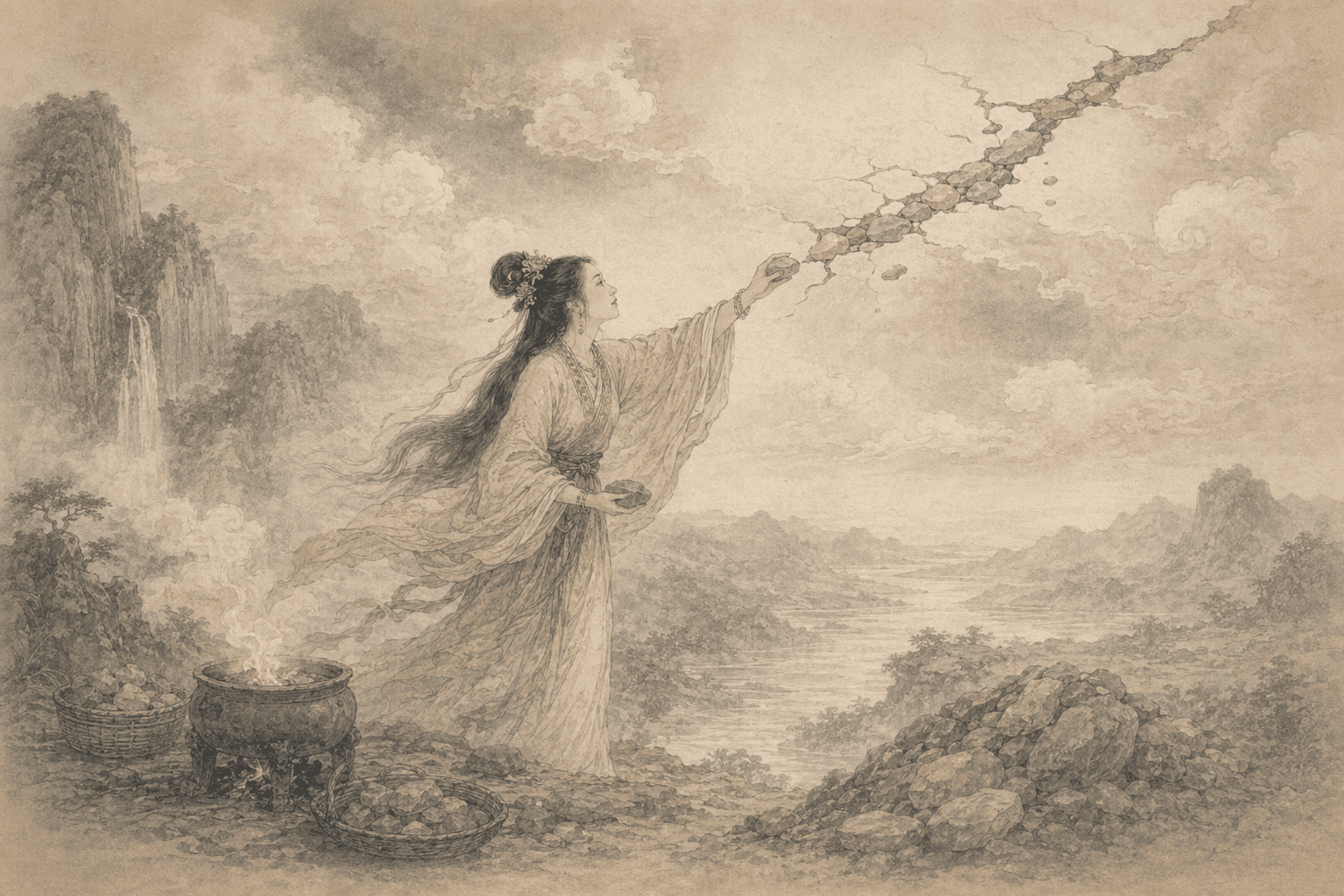 Historical allusion artwork for Wong Tai Sin Sign 95, Nüwa Refines Stones to Mend the Sky