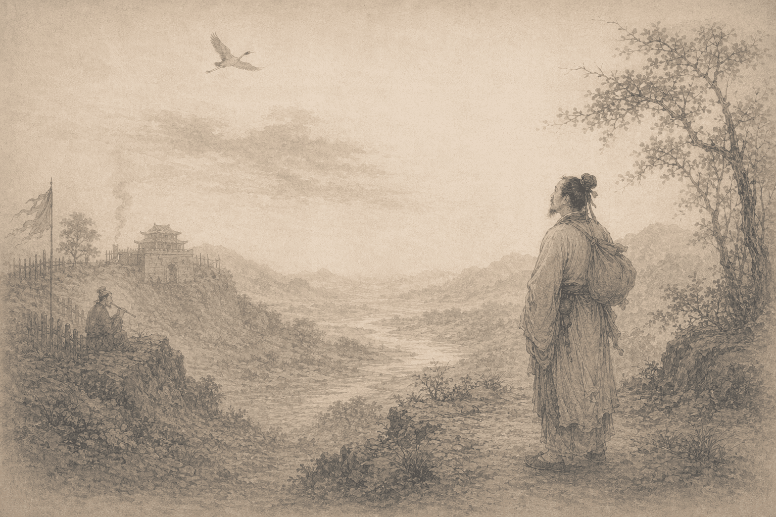 Historical allusion artwork for Wong Tai Sin Sign 96, The Traveler Misses Home