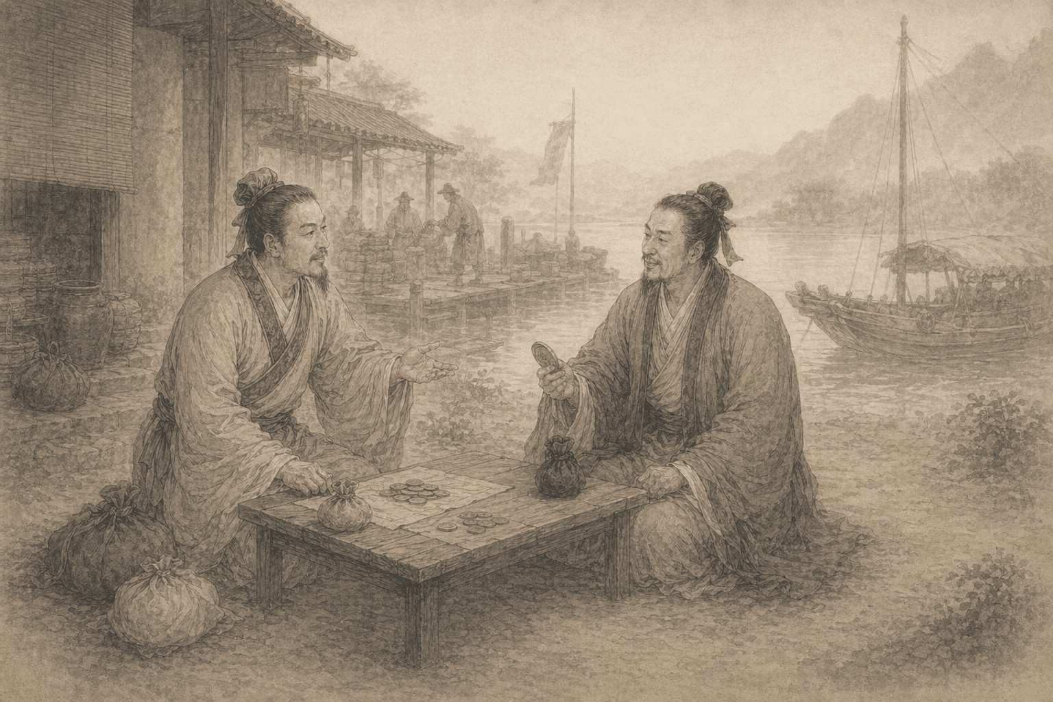 Historical allusion artwork for Wong Tai Sin Sign 98, Guan and Bao Sharing Gold
