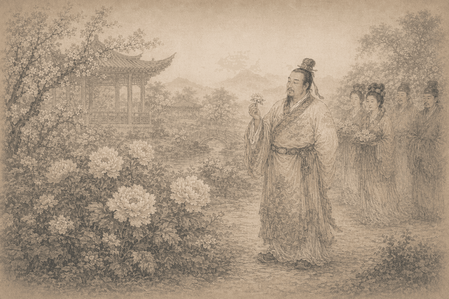 Historical allusion artwork for Wong Tai Sin Sign 100, Emperor Ming of Tang Admiring Flowers