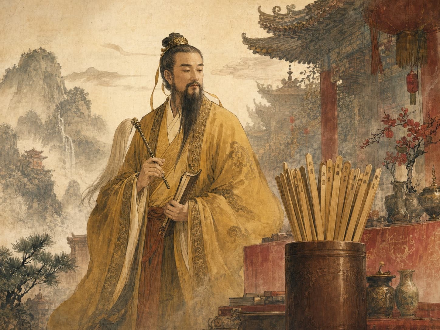 Wong Tai Sin oracle with bamboo fortune sticks artwork