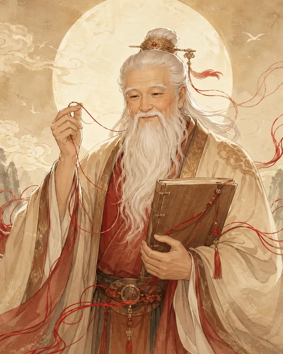 Traditional illustration of Yue Lao holding red thread and the marriage book