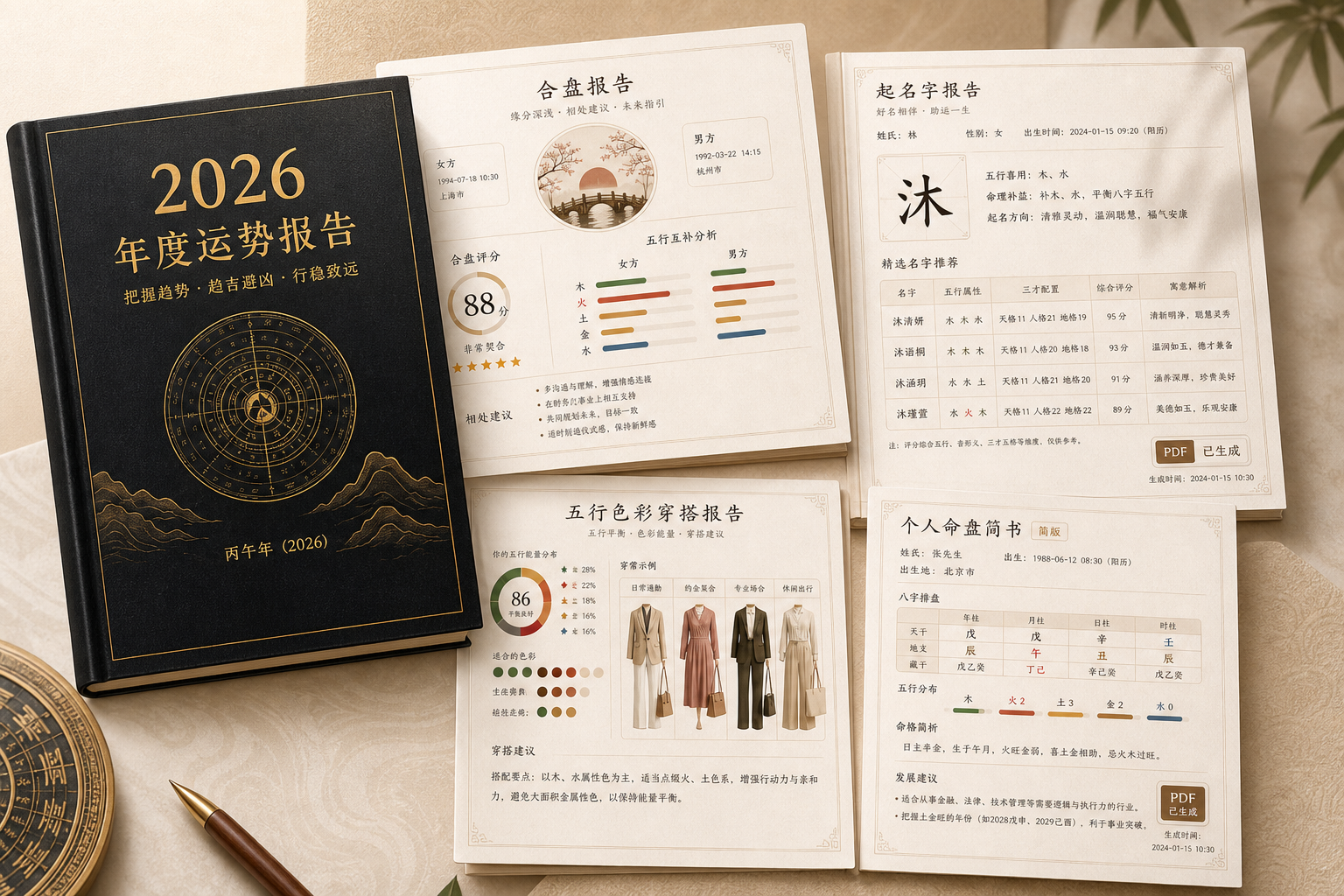 Collage of Bazi report samples showing annual fortune, compatibility, naming, personal life book and five element styling reports
